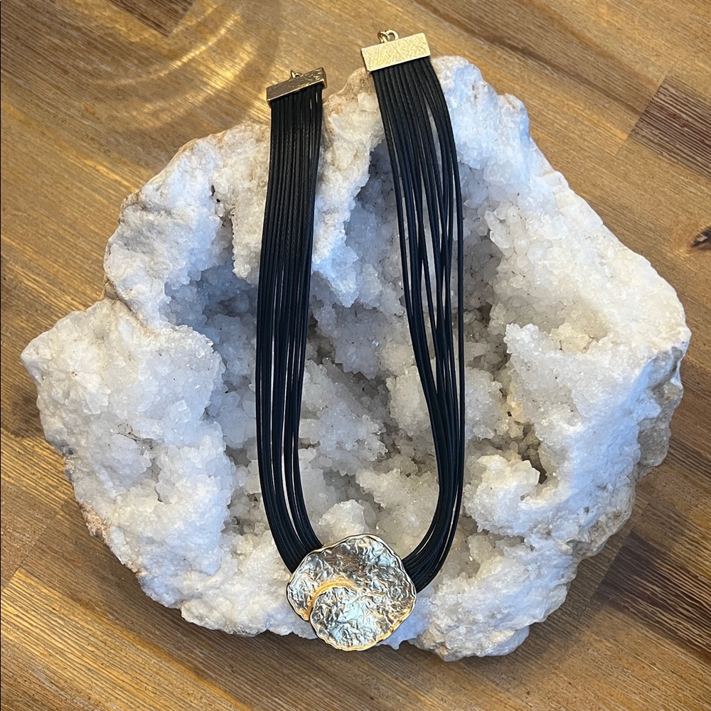 Milano Black Multi-Strand Cord Necklace with Textured Gold Pendant
